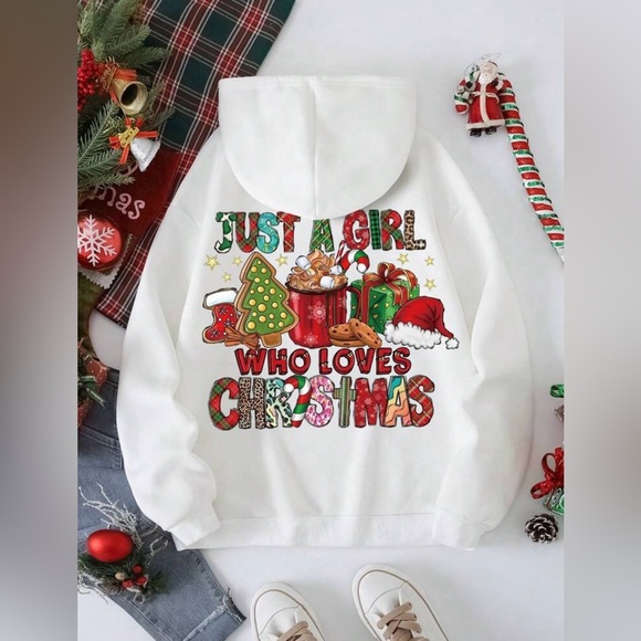 NWT Just A Girl Who Loves Christmas Kangaroo Pocket Drawstring Lined Hoodie L - Picture 3 of 3